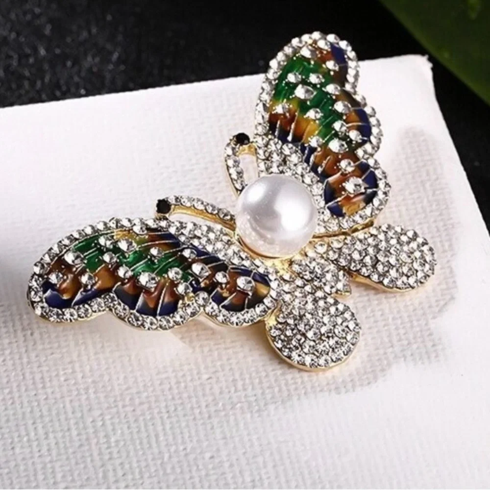 Elegant Multicolor Crystal Butterfly Brooch with Pearl Accent